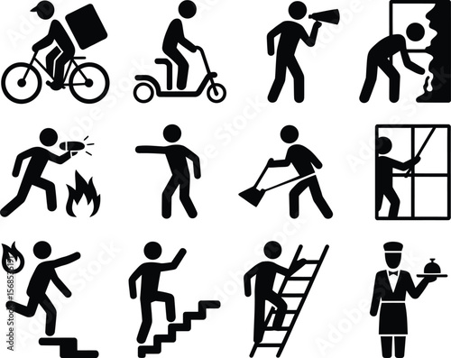 Collection of black silhouette icons depicting various human activities and services