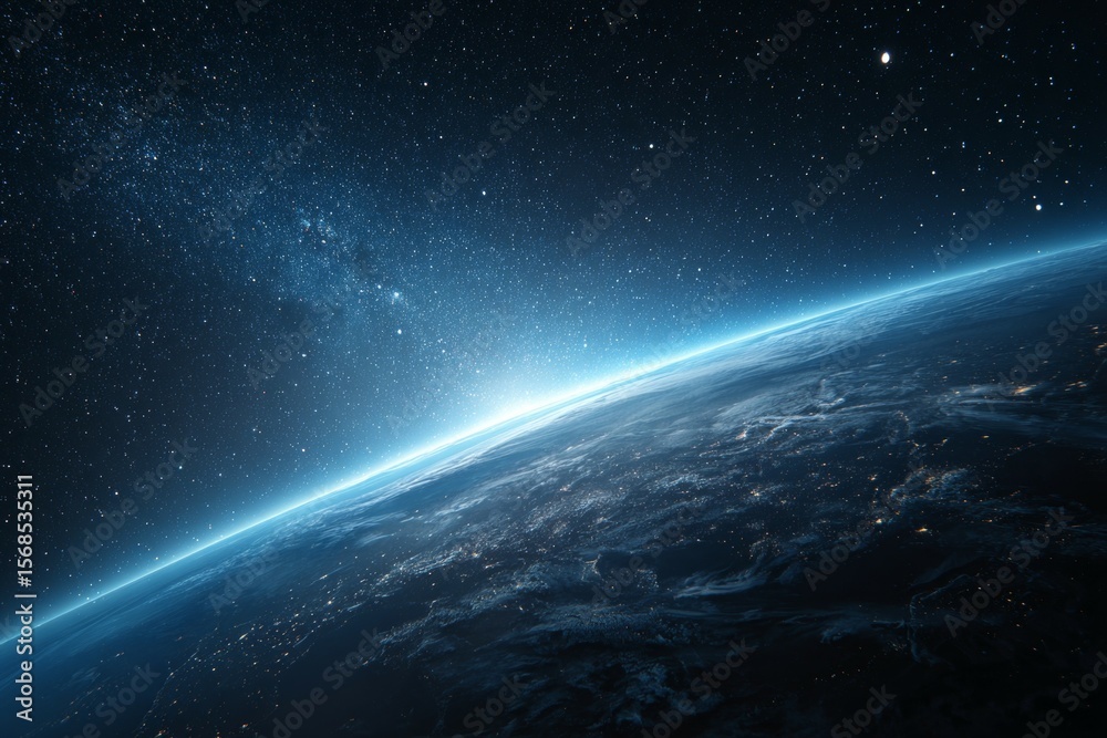 Fototapeta premium Spectacular view of earth from space at dawn with glowing horizon and starry sky