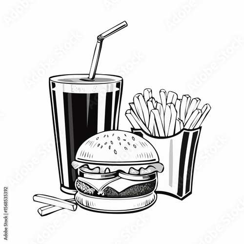 Delicious Cheeseburger With Cola And Potato Fries image vector isolated on white background.
