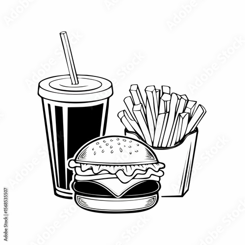 Delicious Cheeseburger With Cola And Potato Fries image vector isolated on white background.