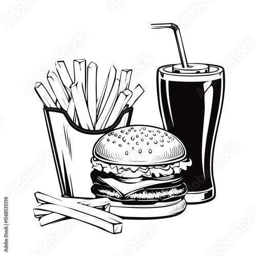 Delicious Cheeseburger With Cola And Potato Fries image vector isolated on white background.
