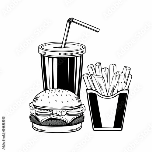 Delicious Cheeseburger With Cola And Potato Fries image vector isolated on white background.