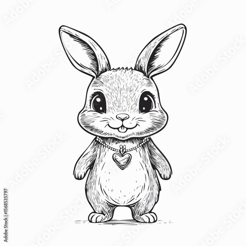 Adorable Bunny Standing Upright While Wearing a Heart Necklace in Cute Vector Style