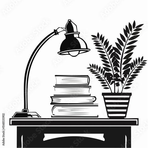 Stack of Books on Table with Study Lamp and Flower Pot Vector Illustration