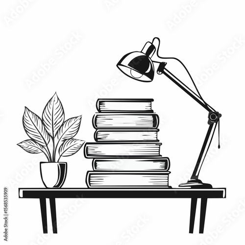 Stack of Books on Table with Study Lamp and Flower Pot Vector Illustration