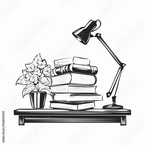Stack of Books on Table with Study Lamp and Flower Pot Vector Illustration