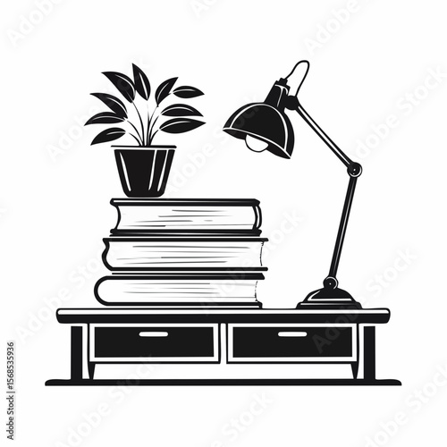 Stack of Books on Table with Study Lamp and Flower Pot Vector Illustration