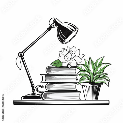 Stack of Books on Table with Study Lamp and Flower Pot Vector Illustration