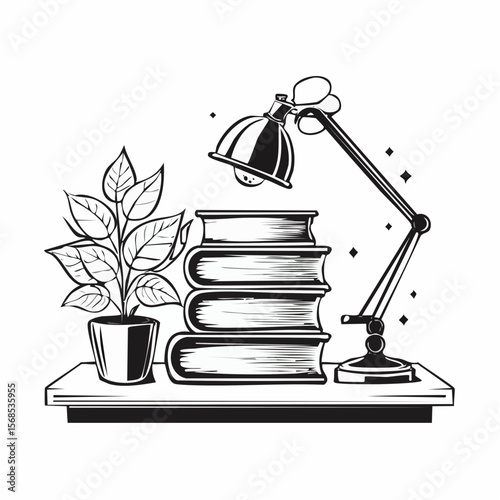 Stack of Books on Table with Study Lamp and Flower Pot Vector Illustration