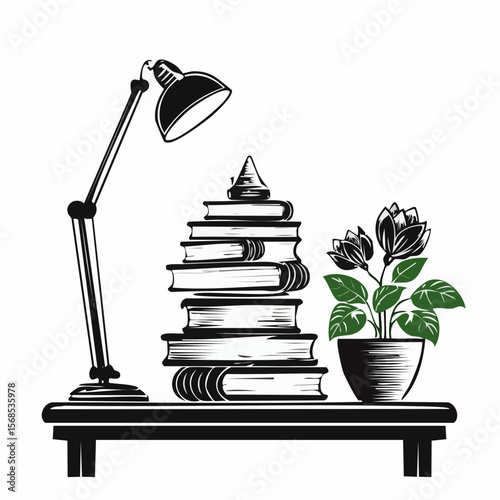 Stack of Books on Table with Study Lamp and Flower Pot Vector Illustration