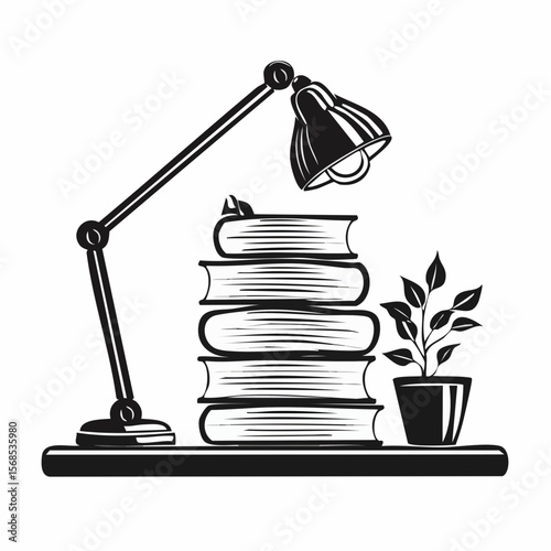 Stack of Books on Table with Study Lamp and Flower Pot Vector Illustration