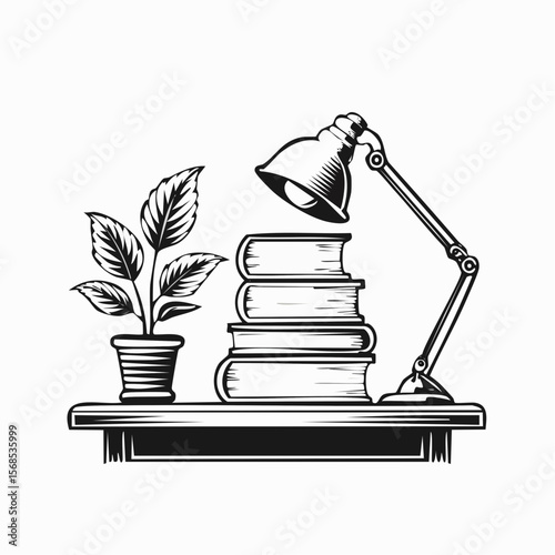 Stack of Books on Table with Study Lamp and Flower Pot Vector Illustration