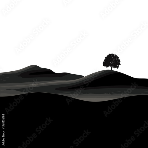 Stylized landscape with a lone tree silhouette standing on a dark, rolling hill against a stark white background, minimal and graphic.