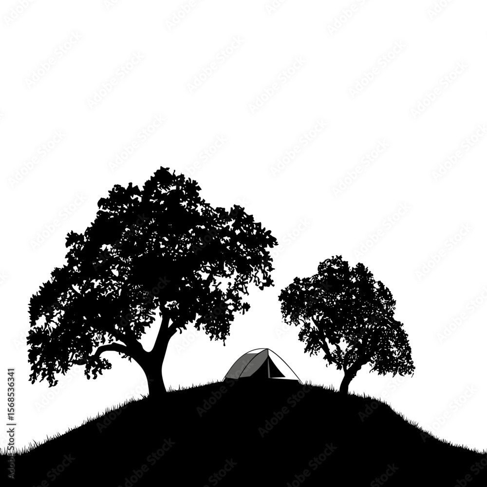 Silhueta de uma barraca montada em uma colina entre duas árvores. Estilo de vida de acampamento ao ar livre em meio à paisagem natural. Ilustração minimalista, design vetorial plano.