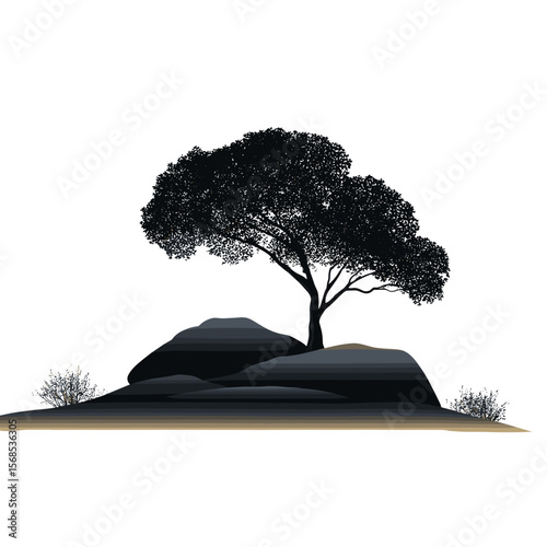 Solitary tree silhouette atop dark rocks, flanked by sparse shrubbery, on a muted beige background, evoking tranquility and nature's resilience.
