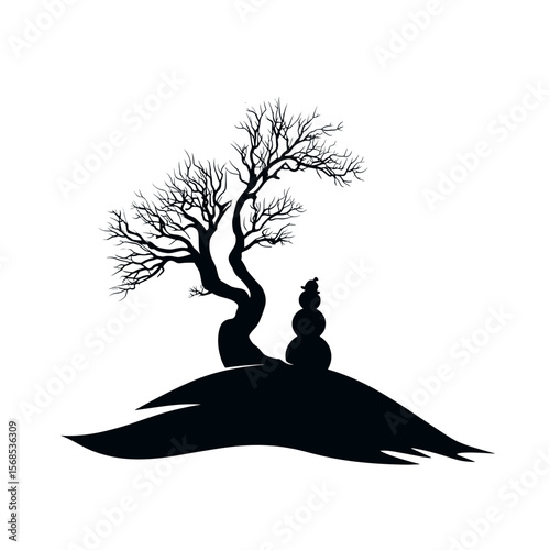 Monochromatic winter scene featuring a barren tree and a snowman, symbolizing the stark beauty of the season in a minimalist illustration ,flat vector design