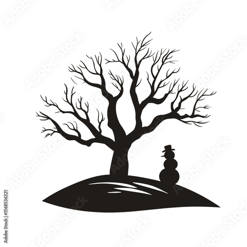 Monochromatic winter scene featuring a barren tree and a snowman, symbolizing the stark beauty of the season in a minimalist illustration, flat vector design.