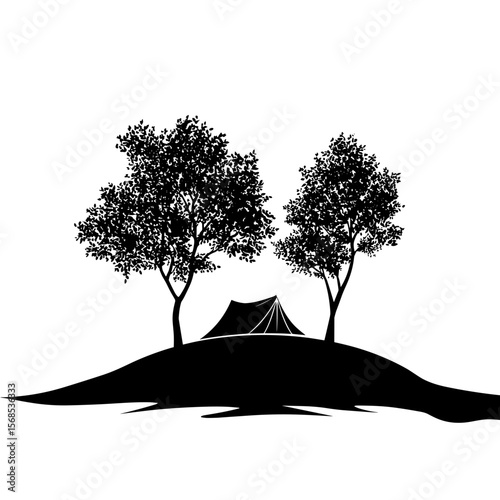 A minimalist silhouette of a tent nestled on a small hill between two trees. A simple outdoors scene with camping elements, flat vector design