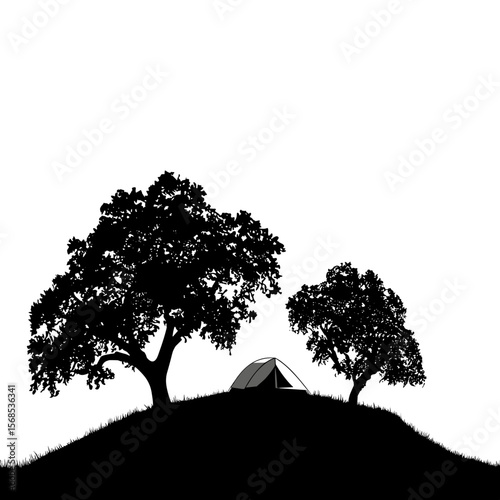 Silhueta de uma barraca montada em uma colina entre duas árvores. Estilo de vida de acampamento ao ar livre em meio à paisagem natural. Ilustração minimalista, design vetorial plano.