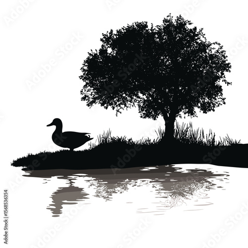 Uma silhueta serena de um pato está perto da água sob uma árvore sombreada, sua imagem refletida na superfície calma, criando uma cena de natureza pacífica, design vetorial plano