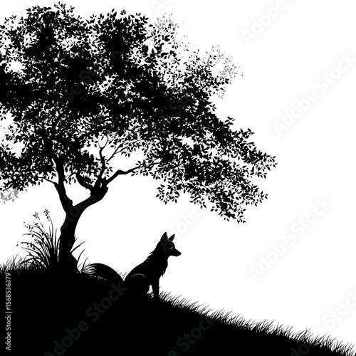 A lone fox sits in silhouette beneath a large tree, depicted with elegant simplicity in a stark, graphic illustration, with a grassy foreground.