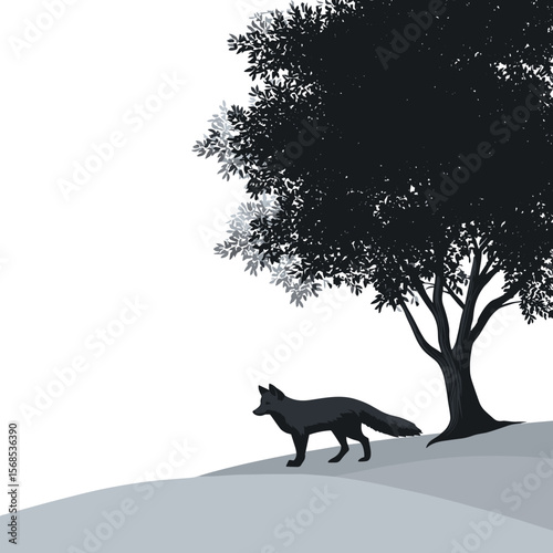 Stylized silhouette of a fox walking on a grassy hill under a large tree, set against a bright background, emphasizing simplicity and nature.