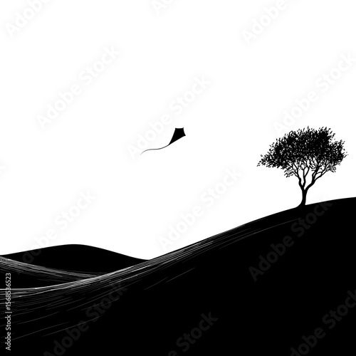 Monochromatic landscape featuring a kite soaring through the sky, a tree on a hill, and rolling terrain in a simple black and white style.