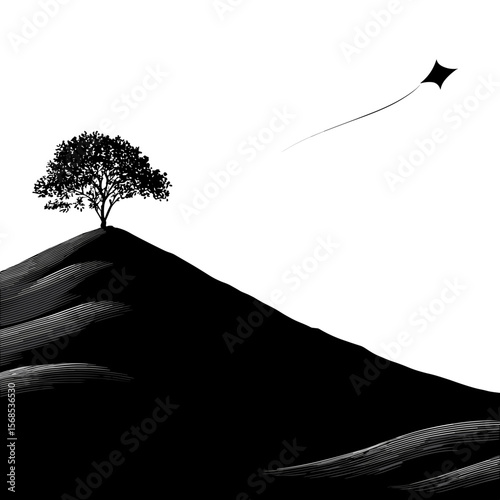 Monochromatic scene featuring a solitary tree on a hill with a distant kite soaring in the sky, rendered in a high-contrast black and white style.