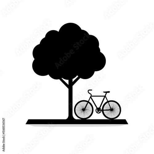 A minimalist black and white vector image of a bicycle parked under a tree, creating a peaceful and simple nature scene.