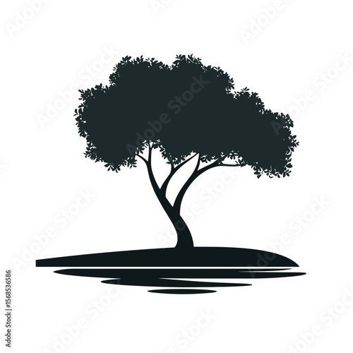 A silhouette of a tree with dense foliage standing on a small patch of land, casting a shadow on the ground in a minimalist, elegant style.