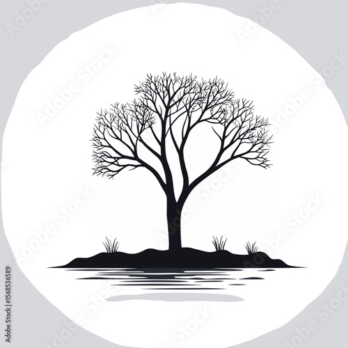A silhouetted tree stands on a small mound with sparse grass, set against a plain backdrop, creating a stark and minimalist nature scene.
