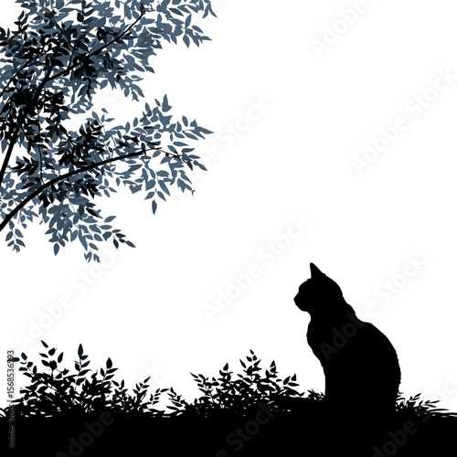 A serene scene unfolds: a silhouette of a cat sits peacefully in the grass beneath a tree, enjoying the quiet of the natural world.