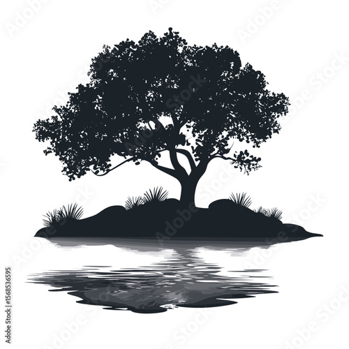 Silhouette of a tree reflecting on water creating a serene scene, highlighting nature's beauty in simplicity with black and white contrast