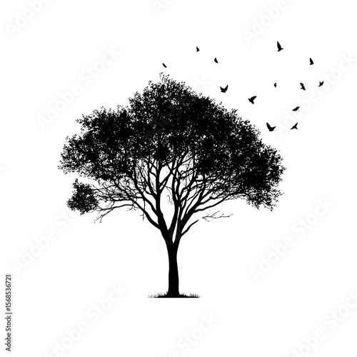 Monochrome silhouette of a tree with birds taking flight against a plain background, creating a serene and nature filled composition.