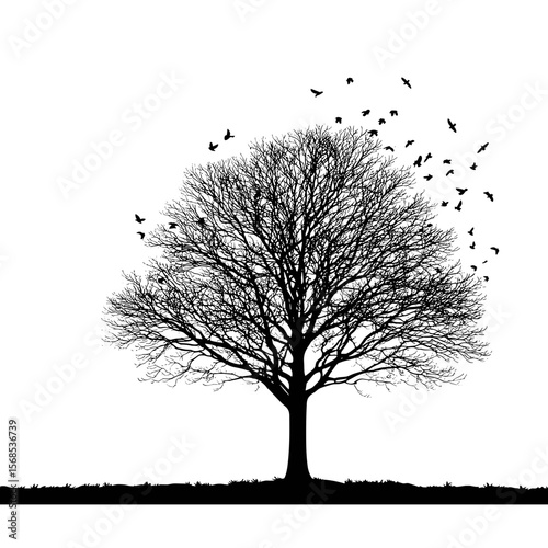 A silhouette of a bare tree with birds taking flight from its branches, set against a bright background, evokes themes of change.