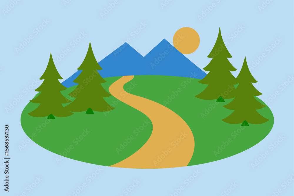Naklejka premium Serene Valley With Curved Pathway Pine Trees And Open Sky