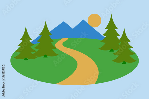 Serene Valley With Curved Pathway Pine Trees And Open Sky