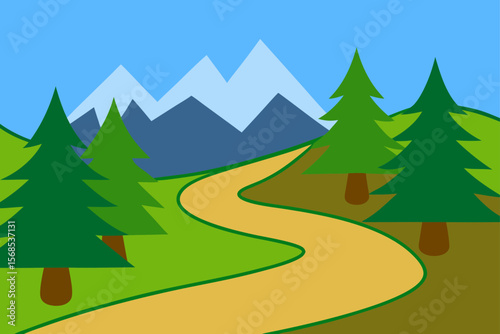 Serene Valley With Curved Pathway Pine Trees And Open Sky