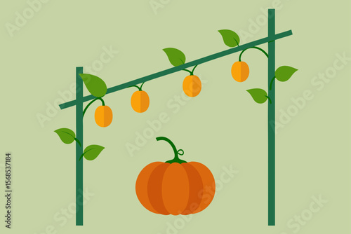 Pumpkin Vine Climbing A Trellis With Small Pumpkins
