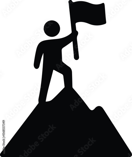 Silhouette man on top of mountain holding flag Vector illustration