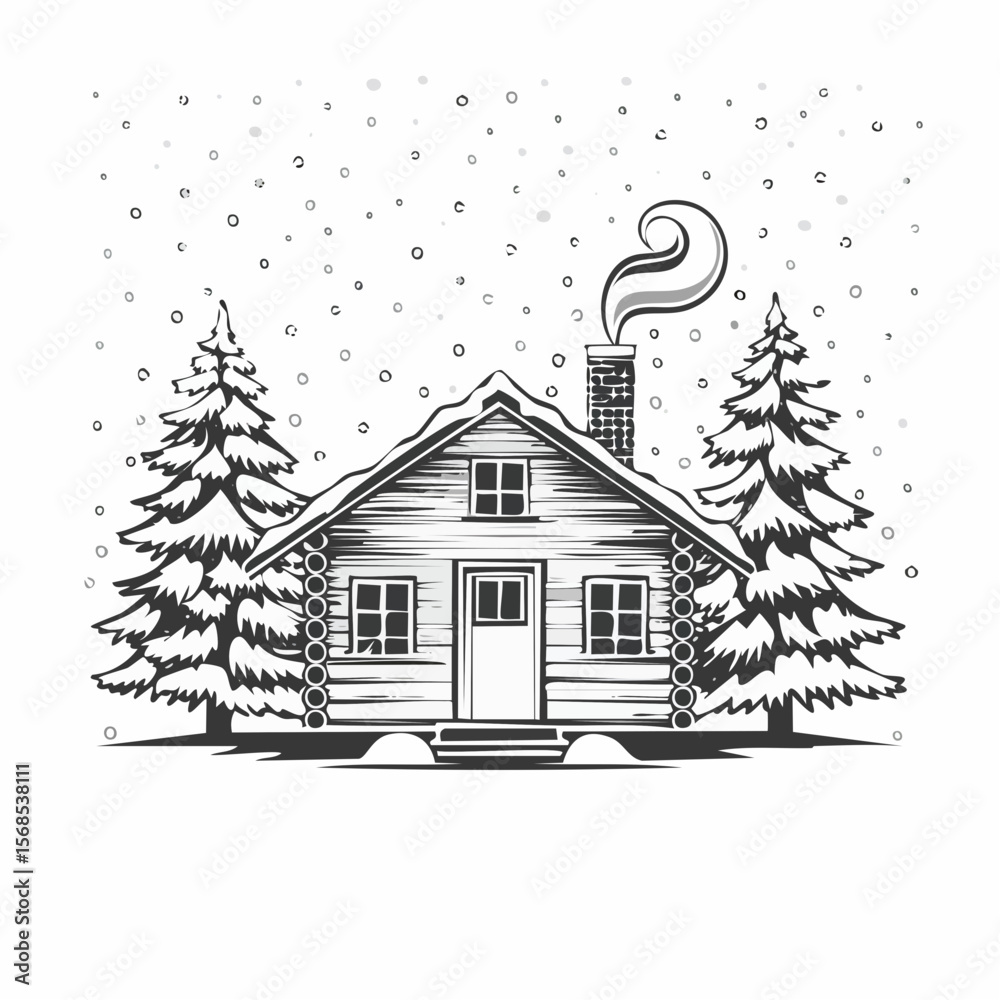 Fototapeta premium A cozy cabin nestled in a snowy forest with falling snow Image Vector Isolated on white background.