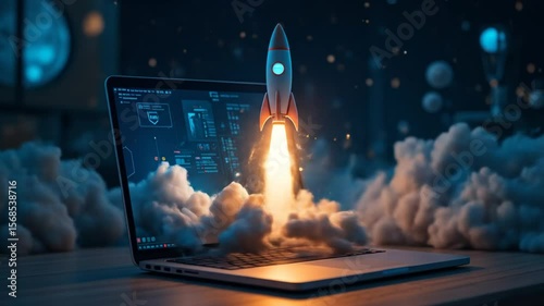 Rocket launch from laptop computer, symbolizing assistant agent autonomy and job automation using futuristic AGI technology for growth. 4k video