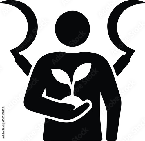 Silhouette nature spirit holding seedling and sickles Vector illustration