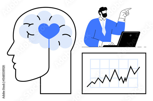 Brain with heart symbolizes emotional intelligence, person working on laptop conveys strategic thinking, line graph reflects success. Ideal for coaching, leadership, analytics, business