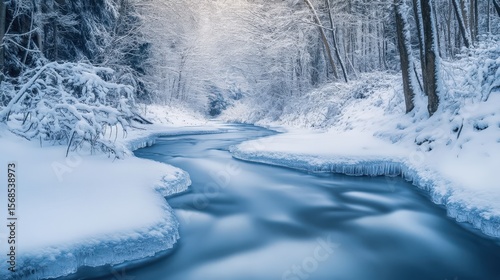 A winter wonderland stream flowing through a snowy forest.