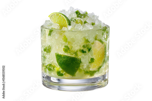 A glass of limeade with ice cubes and green garnish