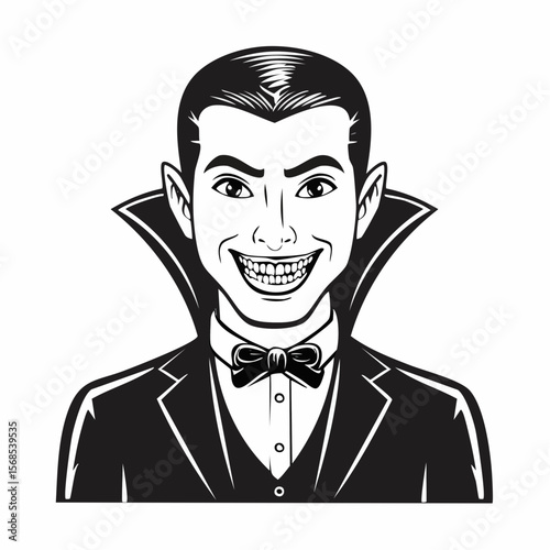 Male vampire with sharp teeth and black attire image vector isolated on white background.