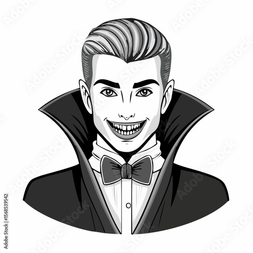 Male vampire with sharp teeth and black attire image vector isolated on white background.