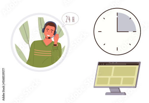 Male operator with headset speaking, speech bubble showing 24H, clock and computer screen. Ideal for customer service, time management, communication, multitasking, remote work, accessibility simple
