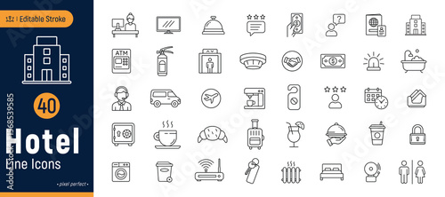 Hotel business line icon set, Vacation icon, editable stroke, pixel perfect, isolated on a white background